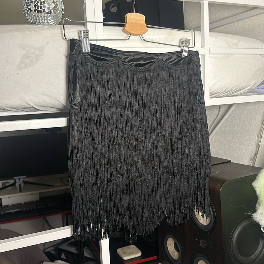 Stretchy Black Satin Dollskill Fringe Skirt